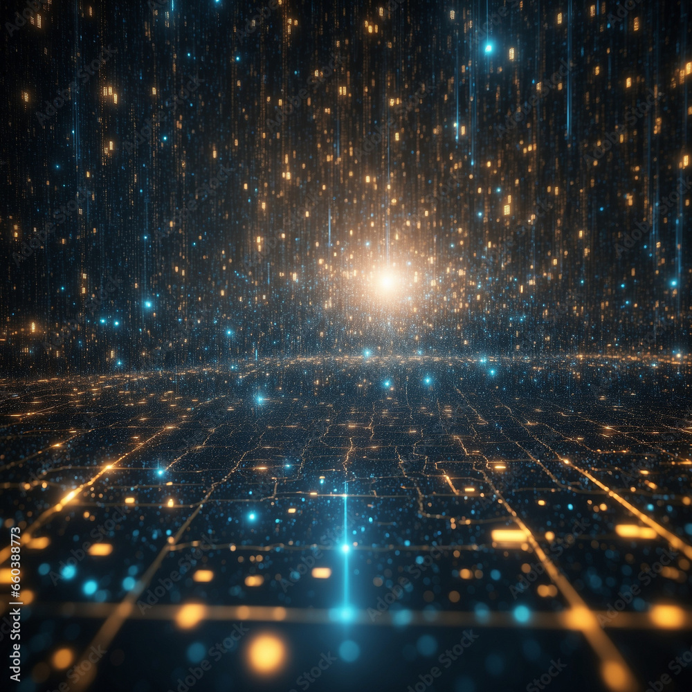 Obraz premium Big data flowing through the cyberspace in blue and golden tones, neural networks over a dark background. Suitable for technology, science or education projects.