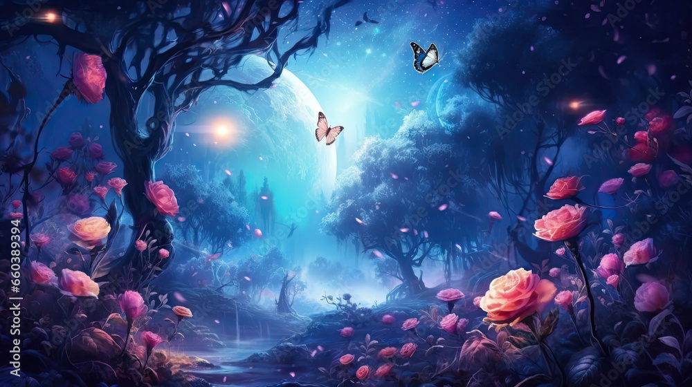 Fantasy fairytale forest with roses and butterflys background, magical forest wallaper - obrazy, fototapety, plakaty 