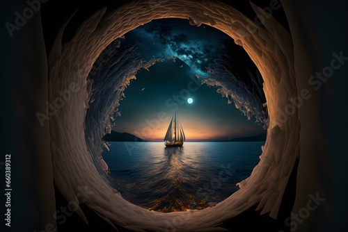 There is a sail on the sea in night without light the ocean spreads out radially the background is the color of the sky everything is in a perfectly circular area fantasyphotographic 16K 