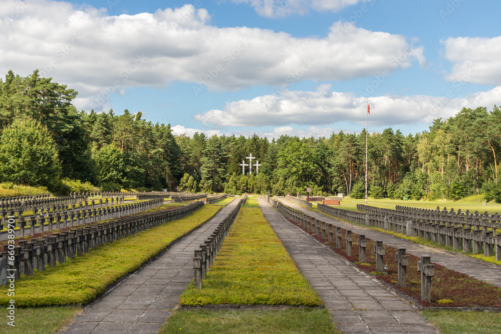 Panoramic view of the Palmiry war cemetery - historic memorial for the World War II victims of Warsaw and Mazovia - within the Kampinoski National Park, Mazovia, Poland Panoramic view of the Palmiry war cemetery - historic memorial for the World War II victims of Warsaw and Mazovia - within the Kampinoski National Park, Mazovia, Poland