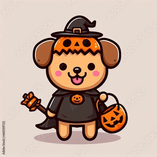 Cute dog in witch hat with pumpkin and bats. Halloween illustration.