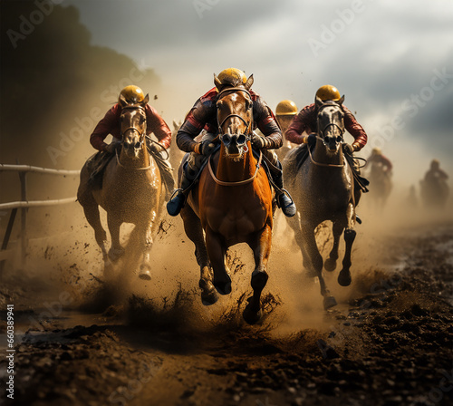 An intense moment captured during a horse race as jockeys