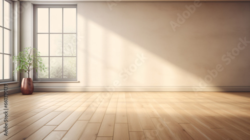 Modern   empty room with wooden floor and large window