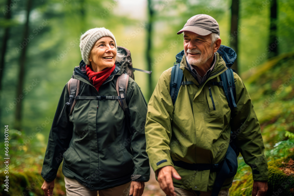 Senior couple while hiking, filled with wonder at the beauty of nature during their active retirement