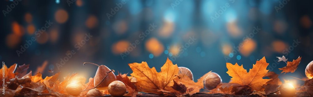 Autumn Oak Foliage Bokeh Lights Header - obrazy, fototapety, plakaty 