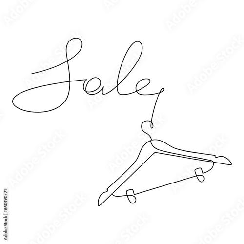 Clothes hanger line continuous icon. Sale sign vector. Text lettering, hand drawing. Graphic design, banner, brochure, showcase sign, retail shop, outlet, card, symbol. Shopping, discount.