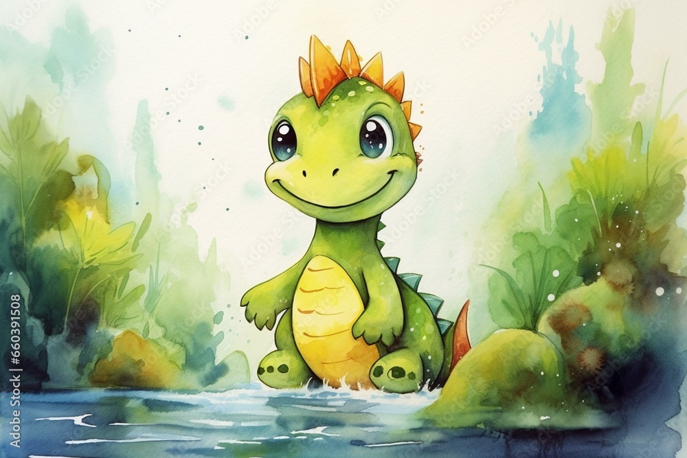 Adorable dinosaur illustration in watercolor. Generative AI