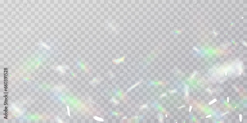 A set of colourful vector lens, crystal rainbow light and flare transparent effects.Overlay for backgrounds.Triangular prism concept.