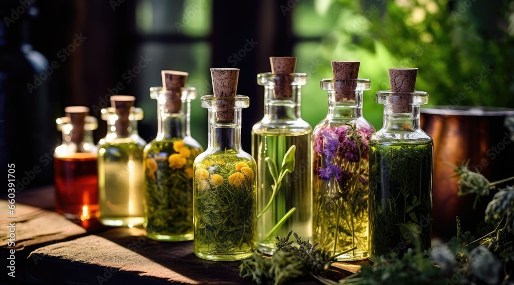 Bottles of tincture or infusion of healthy medicinal herbs and healing plants. Herbal medicine. Bottles of tincture or infusion of healthy medicinal herbs and healing plants. Herbal medicine.