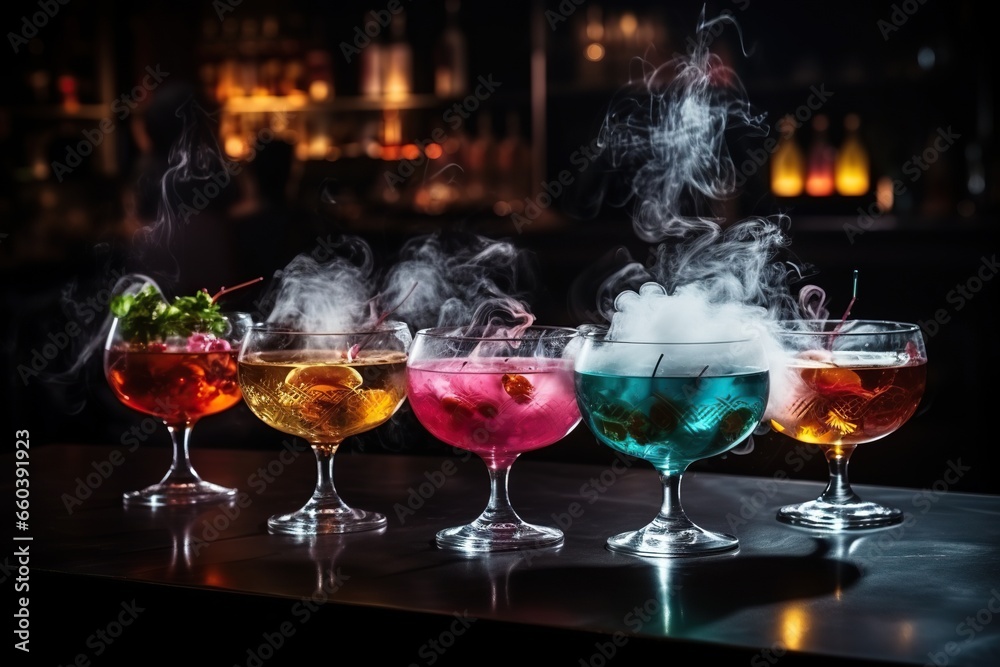 Set of cocktails with colorful smoke in a glass in the light on the bar counter. Blurred pub background