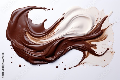 Chocolate and milk splashes moving to each other. White background.