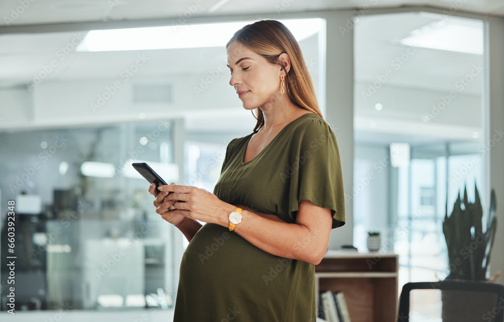 Cellphone, networking and pregnant business woman in office on social media, mobile app or internet. Maternity, technology and female designer from Canada with pregnancy scroll on phone in workplace.