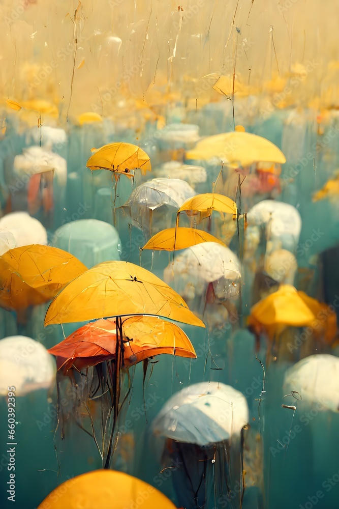 Narrow street wet bricks Sunny day Symmetrical open umbrellas aquamarine sky covered by umbrellas umbrella water lily gold fish realistic super resolution 3D render intricate and highly detailed 