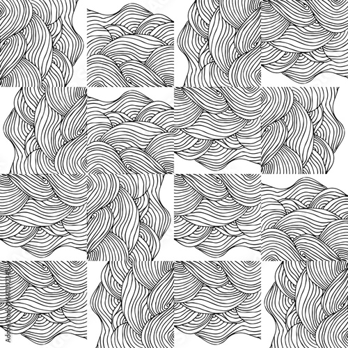 Simple minimalist wave pattern. Hand drawn graphic line art. Modern abstract  landscape. Monochrome black and white curly doodles