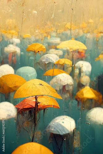 Narrow street wet bricks Sunny day Symmetrical open umbrellas aquamarine sky covered by umbrellas umbrella water lily gold fish realistic super resolution 3D render intricate and highly detailed © Charles