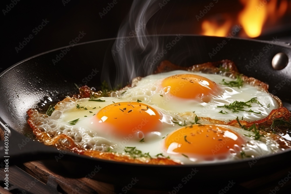 Fried eggs in a frying pan. Close-up