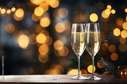 Two glasses of champagne on a wooden background against gold bokeh background.