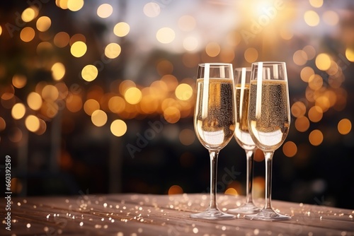 Three glasses of champagne on a wooden background against gold bokeh background.