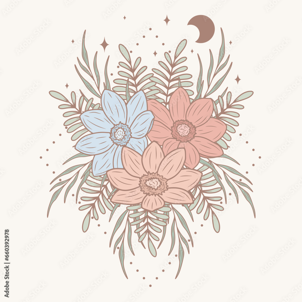 Minimalistic art of pastel flowers with abstract background, vector art
