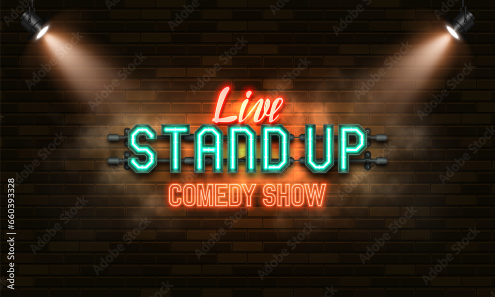 Stand Up Comedy. Retro neon sign on brick wall background illuminated by spotlights. Vector illustration. - obrazy, fototapety, plakaty 