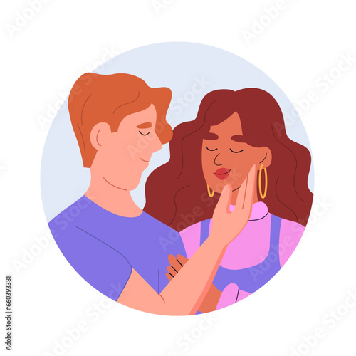 Couple in Love. Tenderness and Romantic Feelings Concept. Boy and a Girl. Flat Vector Illustration Isolated on White.