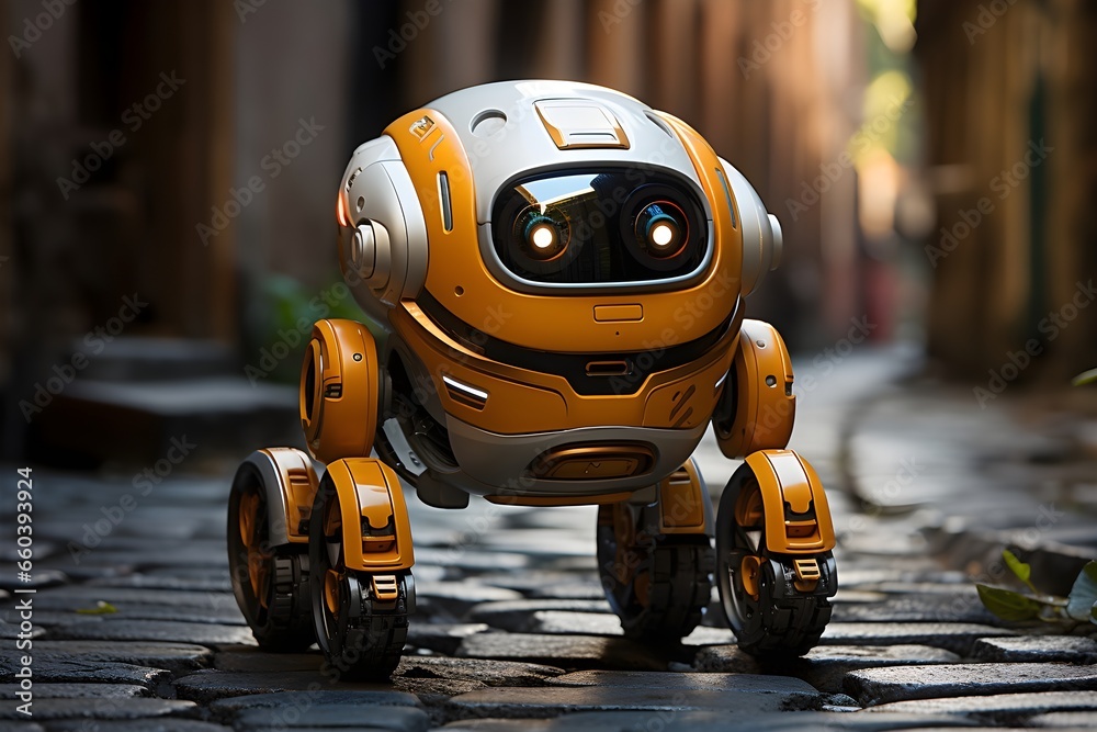 Small white and yellow robot moving on the street, in the style of contact printing, petcore, light purple and dark gray, large format lens, eco-friendly craftsmanship, ambient
