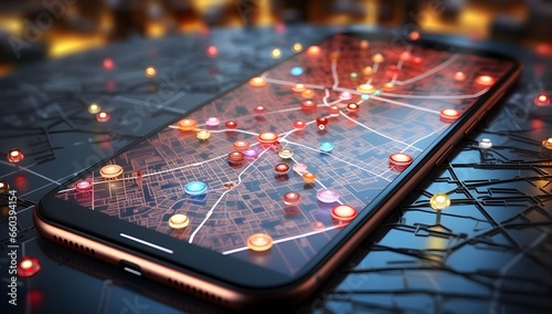 Smartphone with location pins inside, surreal urban style, bryce 3d, social network analysis, light red and azure, perspective rendering, bird's eye view.