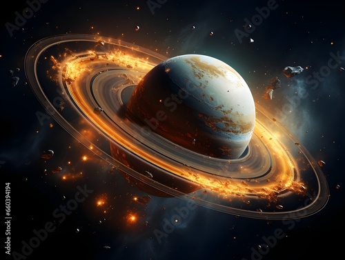 An artist rendering showing saturn in its outer ring, in the style of realistic, detailed rendering, prairiecore, thechamba, colorized, saturno butto, elaborate spacecrafts, kosmos, planeta photo