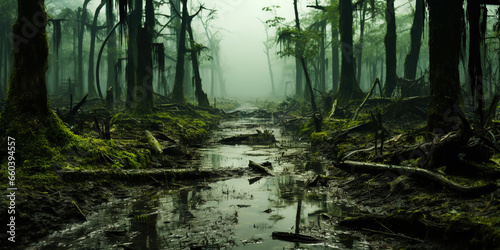 Swamp forest with a light mist. Quagmire in the spring green forest. Generative AI
