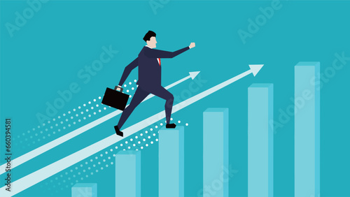 目標に向かって上昇しているグラフの上を駆け上がっているビジネスマン（青） Businessman running up on a graph rising toward a goal (blue)