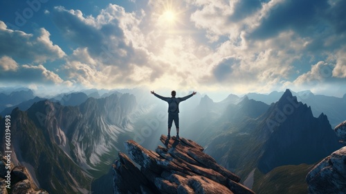 A single person standing at the top of a mountain photo