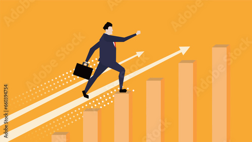 目標に向かって上昇しているグラフの上を駆け上がっているビジネスマン（黄色）　Businessman running up on a graph rising toward a goal (yellow)