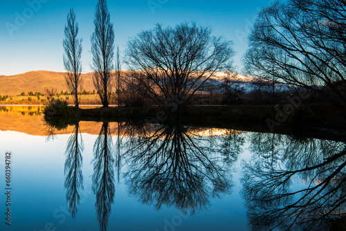 on a winter day light is seen reflecting off ofl Lake Ruataniwha in Twizel on the South Island of New Zealand. photo