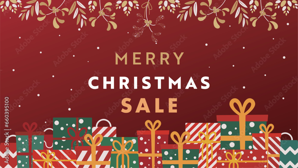 Naklejka premium プレゼントやヤドリギで飾られた豪華なクリスマス広告テンプレート（赤） Gorgeous Christmas ad template decorated with presents and mistletoe (red)