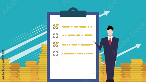 ポイント活動のアンケート案件で収入を得ることを提案するビジネスマン（青）　Businessman proposing to earn income from survey projects for point activities (blue)