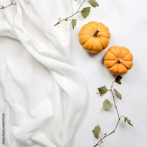 Simple modern background for product mockups, cheese cloth, eucalyptus leaves, cattails, overhead shot, negative space in center of image, white background and marble background