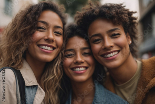 Portrait of women friends smiling in the city