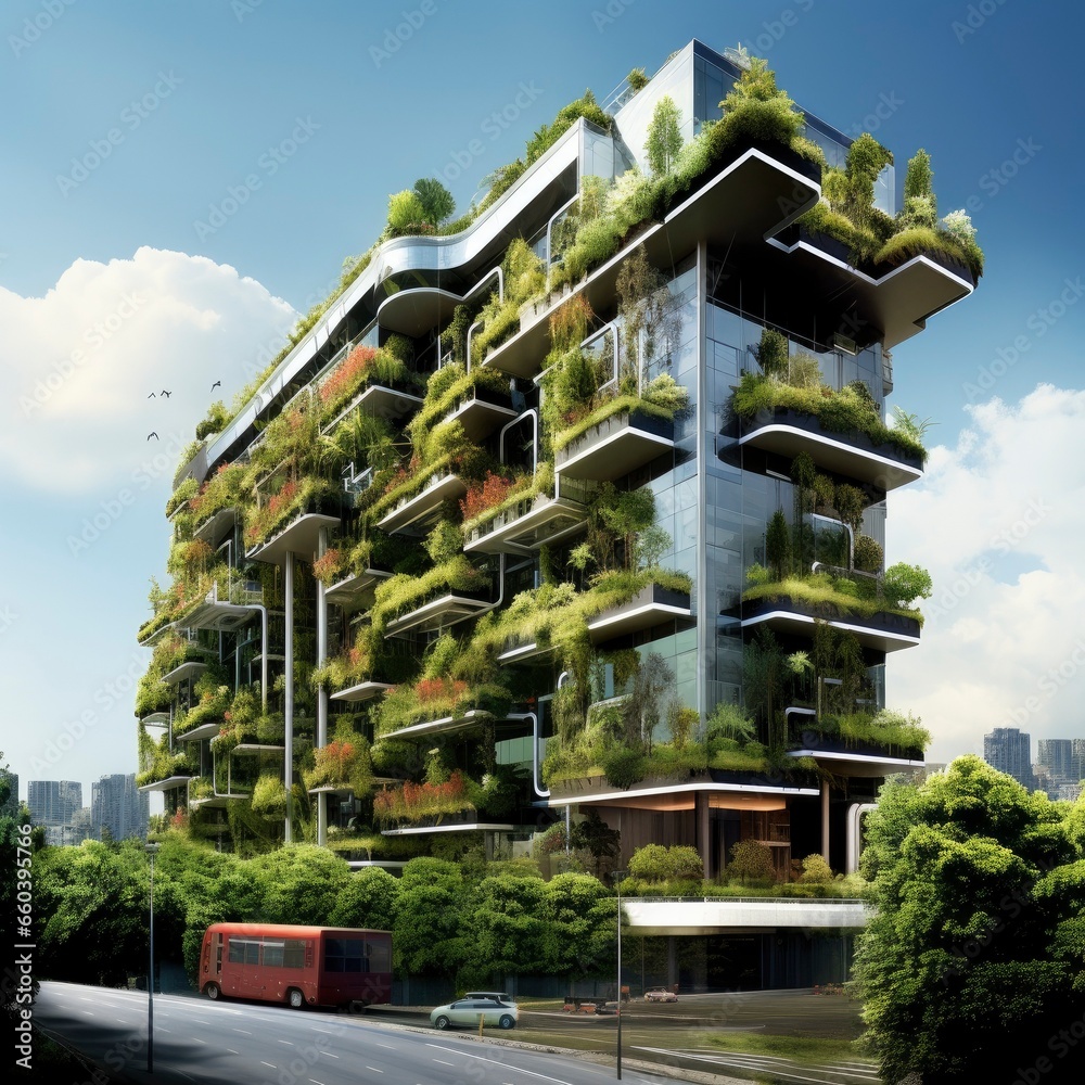 Conceptual Sustainable Office and Residential Buildings with an Overflow of Plant Foliage