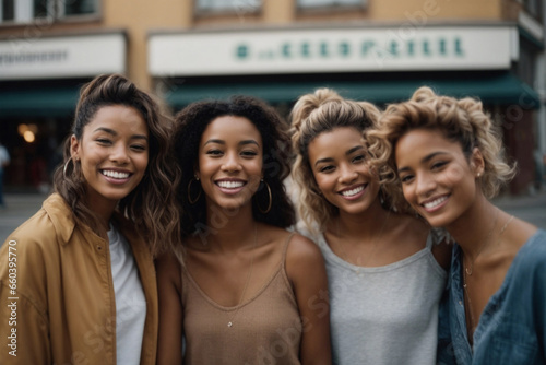 Group of woman friends smiling in the city