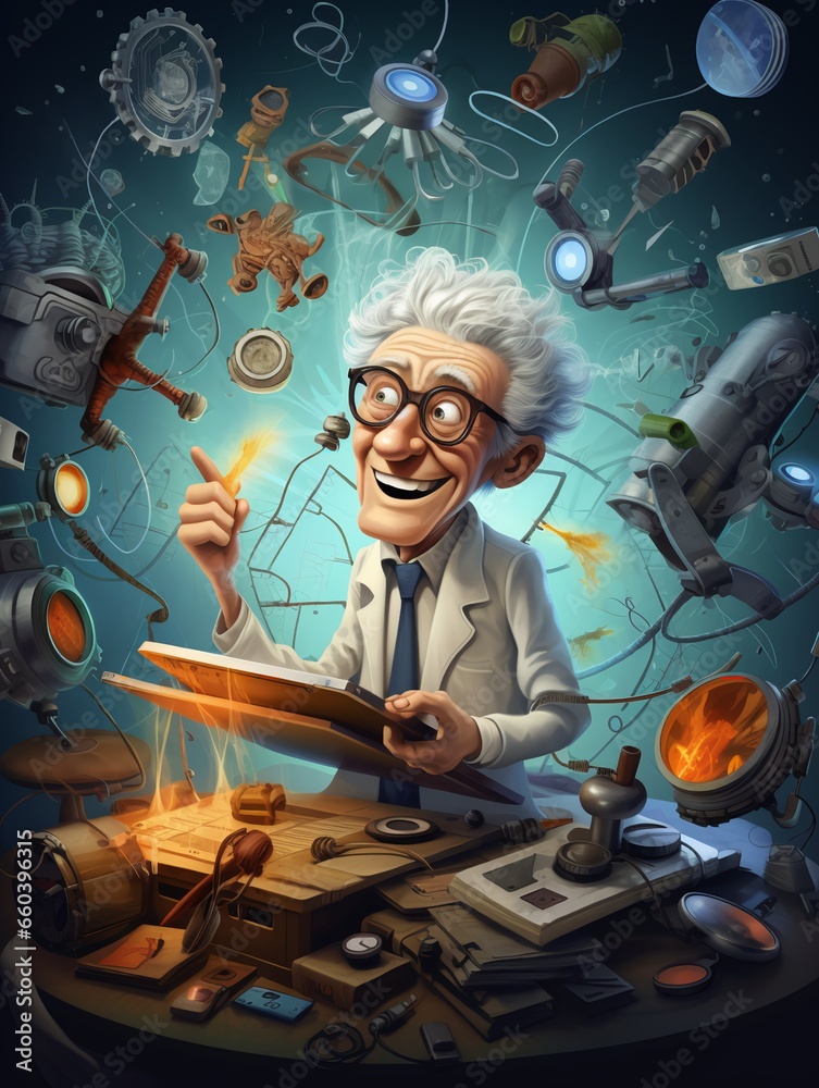 cartoon old scientist inventor with many educational tools and symbols, in the style of quirky caricatures - obrazy, fototapety, plakaty 
