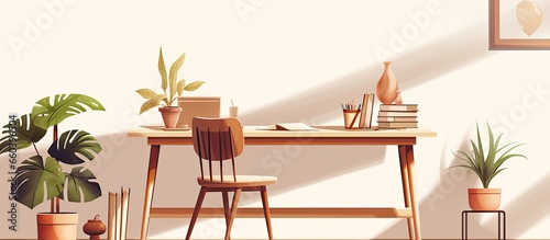 Sunlit workspace interior for an illustrator with a wooden chair drawings plants and white walls With copyspace for text