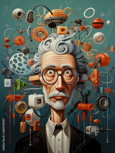 cartoon old scientist inventor portrait with many educational tools and symbols, in the style of quirky caricatures