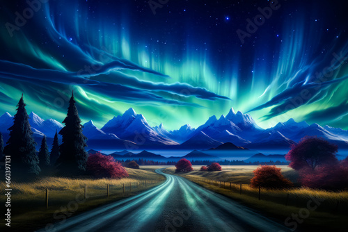 Image of road with aurora bore in the background.
