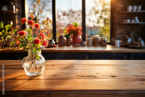 Vase filled with red flowers sitting on top of wooden table.