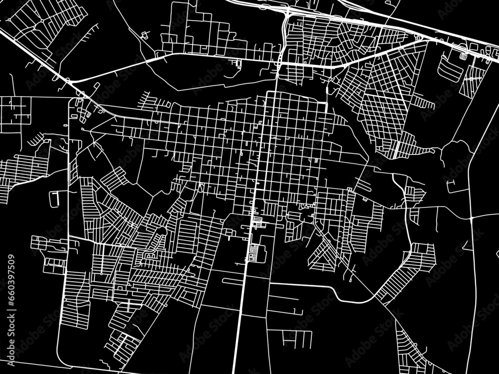 Vector road map of the city of  Cadereyta Jimenez in Mexico with white roads on a black background.