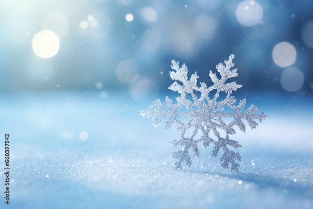 Beautiful delicate snowflake on snowy sparkling blue background