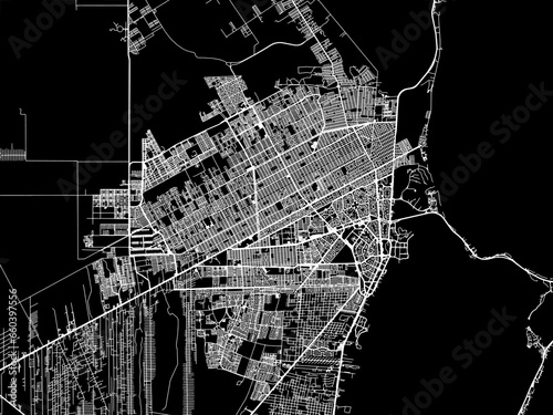 Vector road map of the city of  Cancun in Mexico with white roads on a black background.