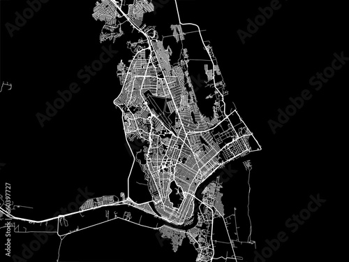 Vector road map of the city of Ciudad Madero in Mexico with white roads on a black background.