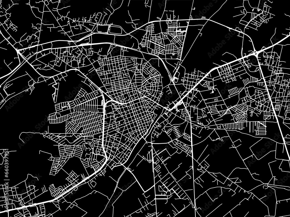 Vector road map of the city of  Lagos de Moreno in Mexico with white roads on a black background.