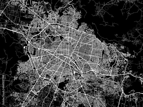 Vector road map of the city of  Guadalajara in Mexico with white roads on a black background.